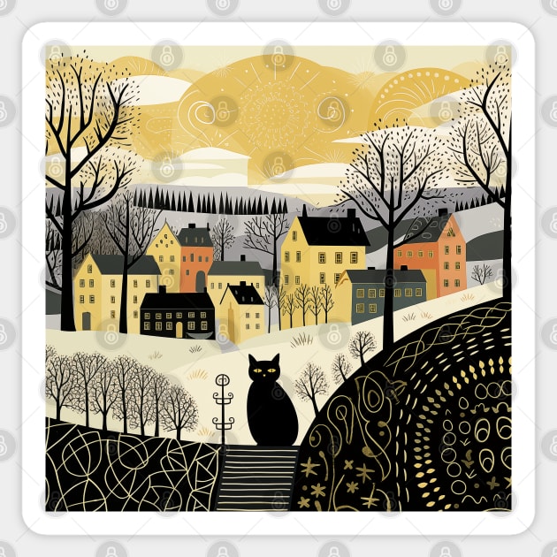 Vintage Cityscape Illustration: Urban Street with Houses, Lamps, Patterned Roads, Clouds, and a Stylish Black Cat in the Middle - Design Art Sticker by Art KateDav